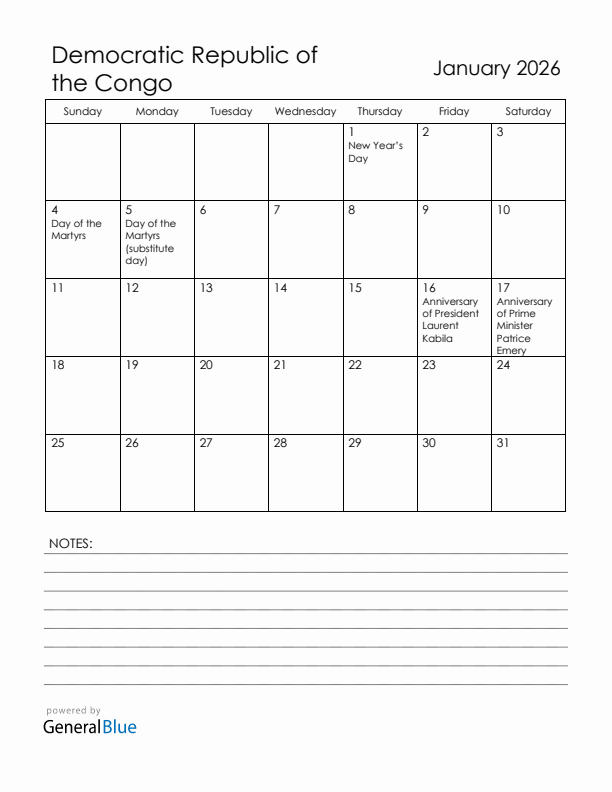 January 2026 Democratic Republic of the Congo Calendar with Holidays (Sunday Start)