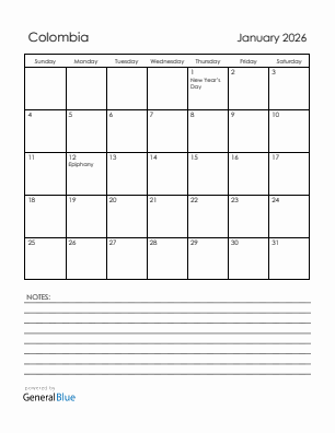 Current month calendar with Colombia holidays for January 2026