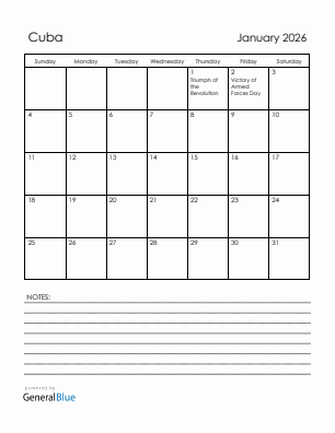 Current month calendar with Cuba holidays for January 2026