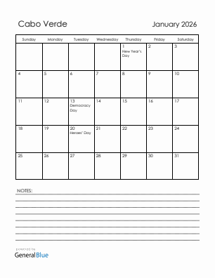 Current month calendar with Cabo Verde holidays for January 2026