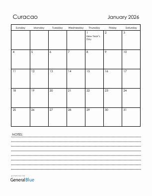 Current month calendar with Curacao holidays for January 2026