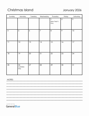 Current month calendar with Christmas Island holidays for January 2026