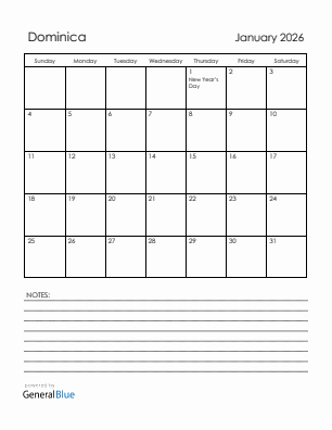 Current month calendar with Dominica holidays for January 2026