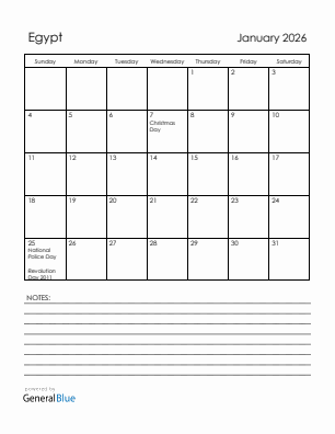 Current month calendar with Egypt holidays for January 2026