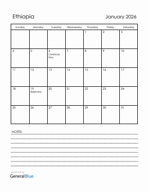 Current month calendar with Ethiopia holidays for January 2026