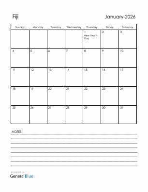 Current month calendar with Fiji holidays for January 2026