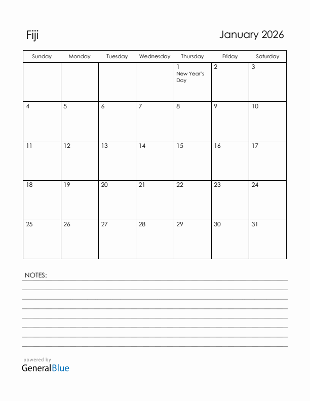 January 2026 Fiji Calendar with Holidays (Sunday Start)