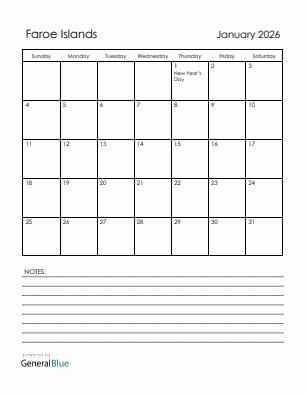 Current month calendar with Faroe Islands holidays for January 2026