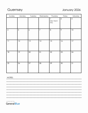 Current month calendar with Guernsey holidays for January 2026