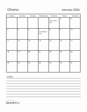 Current month calendar with Ghana holidays for January 2026