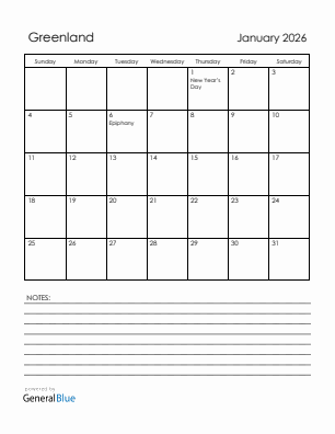 Current month calendar with Greenland holidays for January 2026