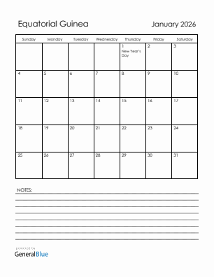 Current month calendar with Equatorial Guinea holidays for January 2026