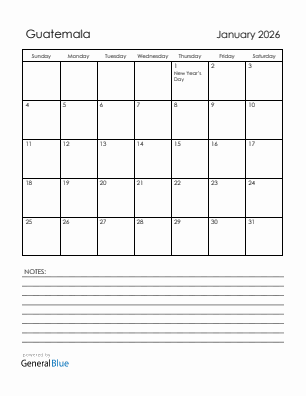 Current month calendar with Guatemala holidays for January 2026