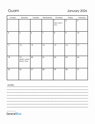Current month calendar with Guam holidays for January 2026
