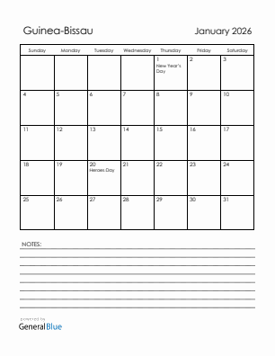 Current month calendar with Guinea-Bissau holidays for January 2026