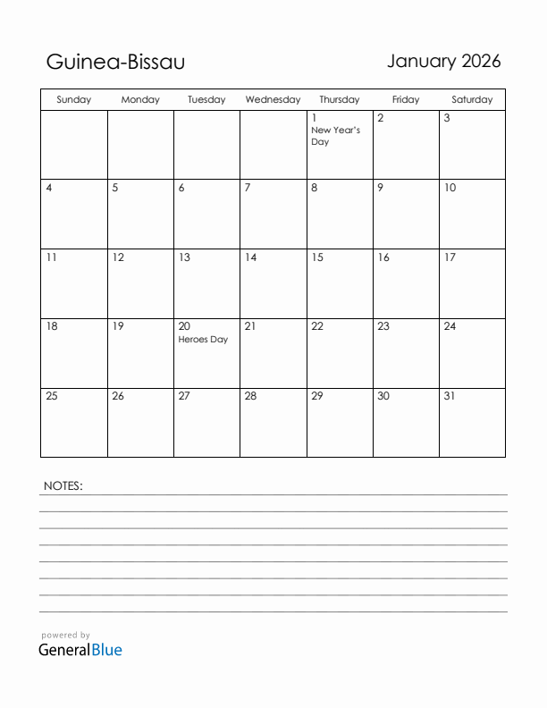 January 2026 Guinea-Bissau Calendar with Holidays (Sunday Start)