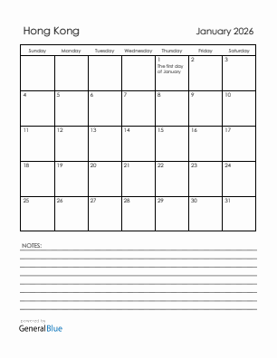 Current month calendar with Hong Kong holidays for January 2026