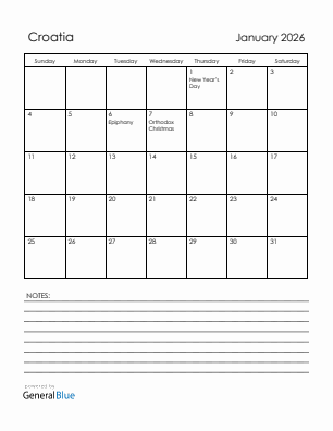 Current month calendar with Croatia holidays for January 2026