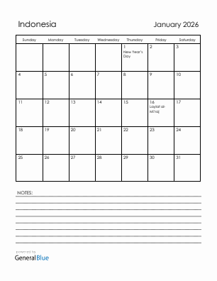 Current month calendar with Indonesia holidays for January 2026