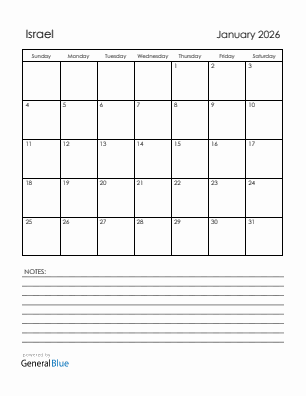 Current month calendar with Israel holidays for January 2026