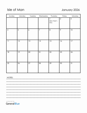 Current month calendar with Isle of Man holidays for January 2026