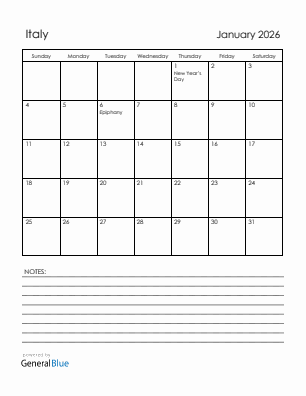 Current month calendar with Italy holidays for January 2026