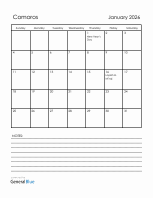 Current month calendar with Comoros holidays for January 2026