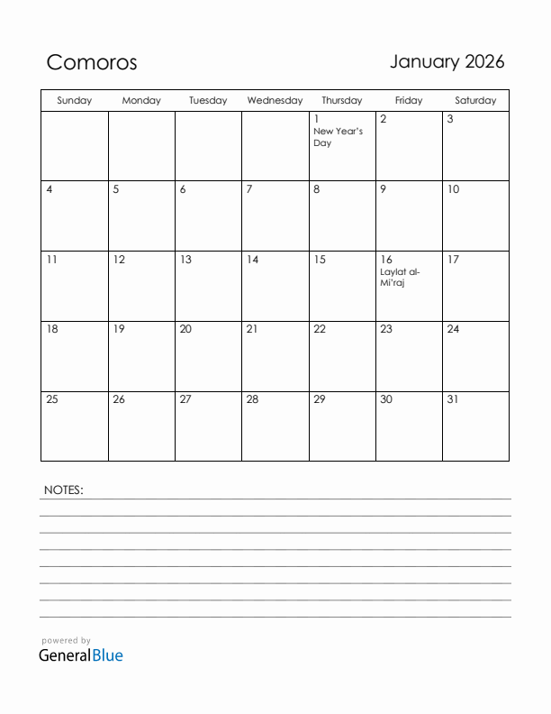 January 2026 Comoros Calendar with Holidays (Sunday Start)