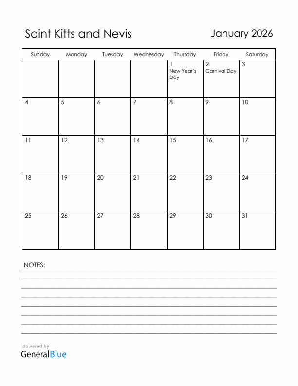 January 2026 Saint Kitts and Nevis Calendar with Holidays (Sunday Start)