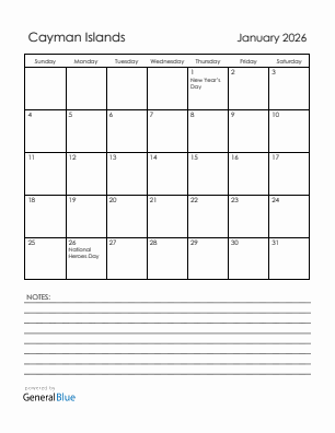 Current month calendar with Cayman Islands holidays for January 2026