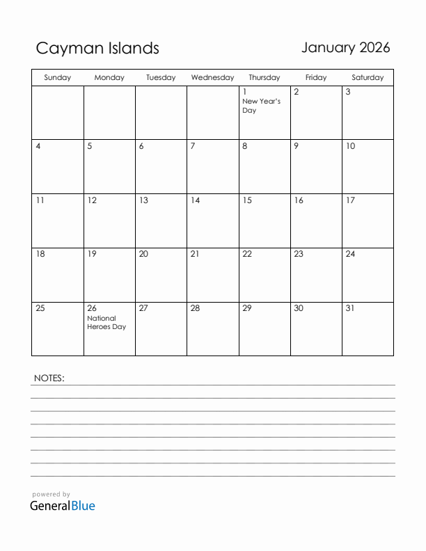 January 2026 Cayman Islands Calendar with Holidays (Sunday Start)