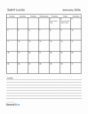 Current month calendar with Saint Lucia holidays for January 2026