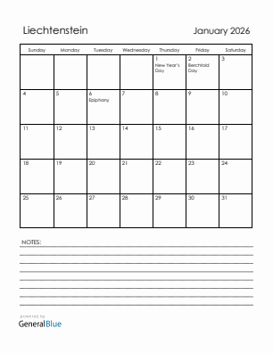 Current month calendar with Liechtenstein holidays for January 2026