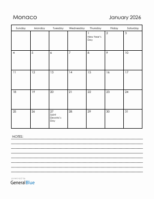 Current month calendar with Monaco holidays for January 2026