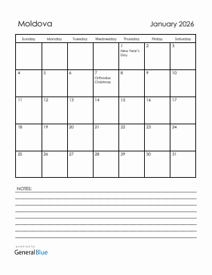 Current month calendar with Moldova holidays for January 2026