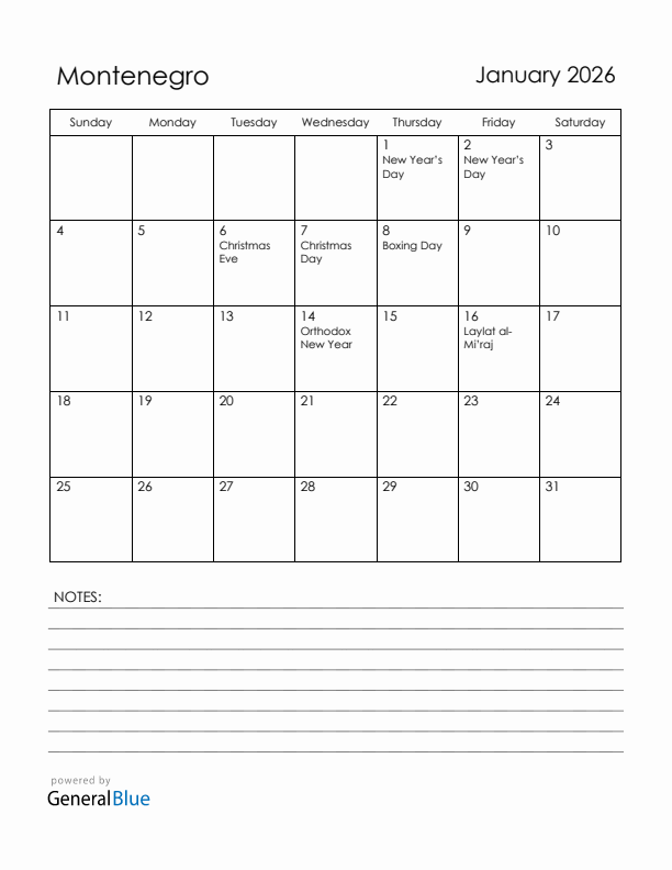 January 2026 Montenegro Calendar with Holidays (Sunday Start)
