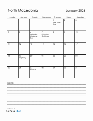 Current month calendar with North Macedonia holidays for January 2026