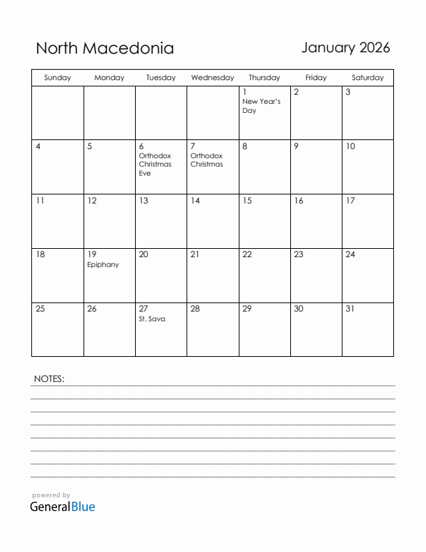 January 2026 North Macedonia Calendar with Holidays (Sunday Start)