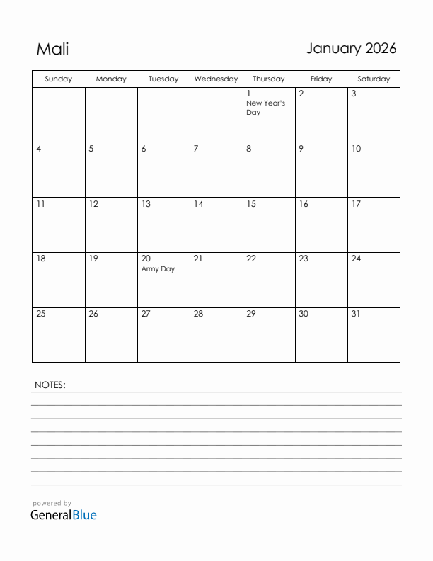 January 2026 Mali Calendar with Holidays (Sunday Start)