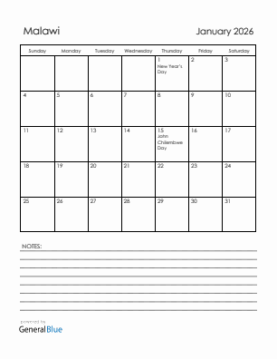 Current month calendar with Malawi holidays for January 2026