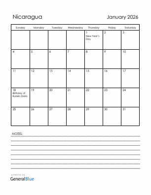 Current month calendar with Nicaragua holidays for January 2026