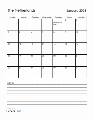 Current month calendar with The Netherlands holidays for January 2026