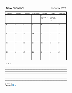 Current month calendar with New Zealand holidays for January 2026