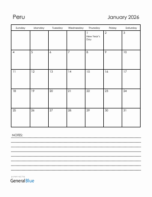Current month calendar with Peru holidays for January 2026