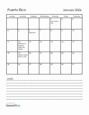 Current month calendar with Puerto Rico holidays for January 2026