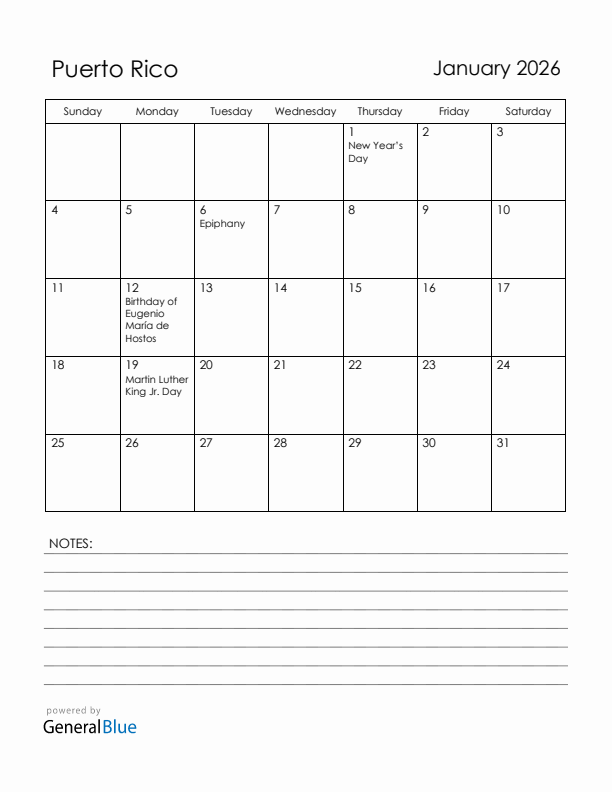 January 2026 Puerto Rico Calendar with Holidays (Sunday Start)