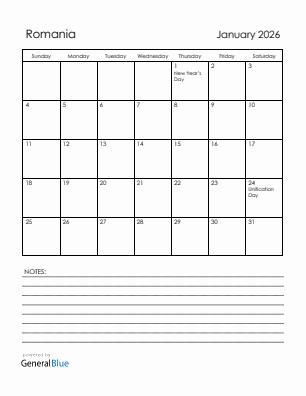 Current month calendar with Romania holidays for January 2026