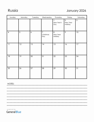 Current month calendar with Russia holidays for January 2026