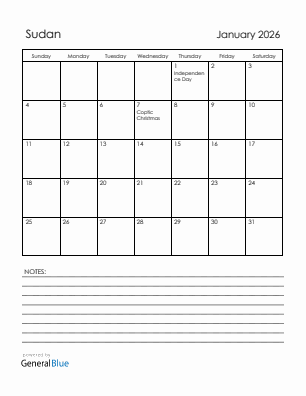 Current month calendar with Sudan holidays for January 2026