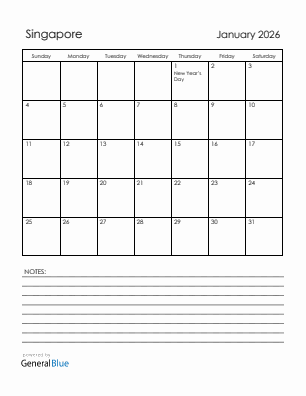 Current month calendar with Singapore holidays for January 2026